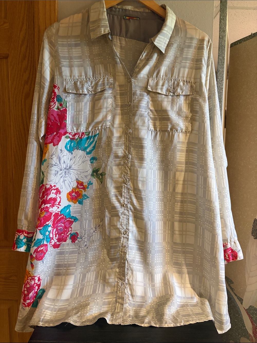 Johnny Was Neutral Plaid Long-Sleeve tunic with Floral Accent - Beige/Red